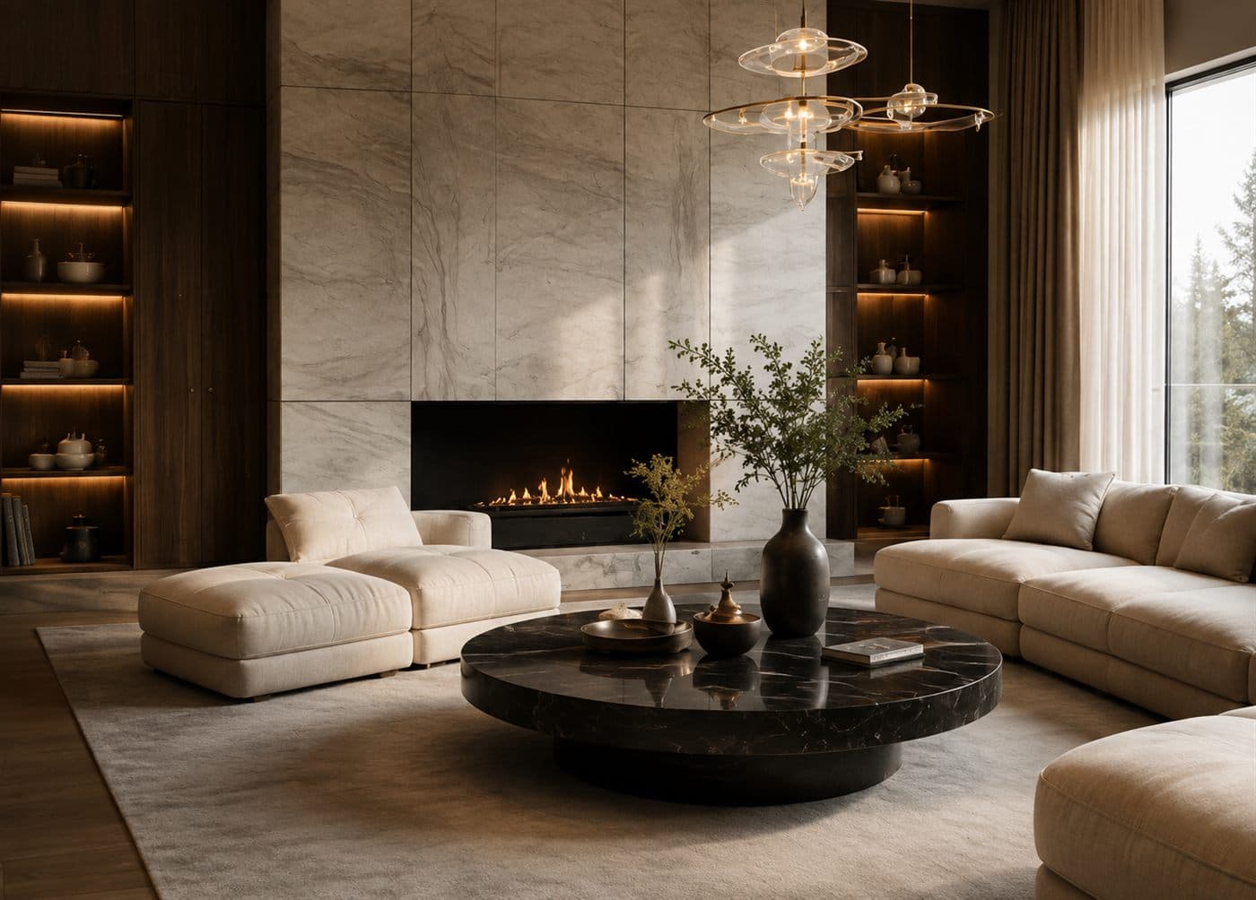 A finished living room with a stone fireplace, low bookshelves and a round marble table