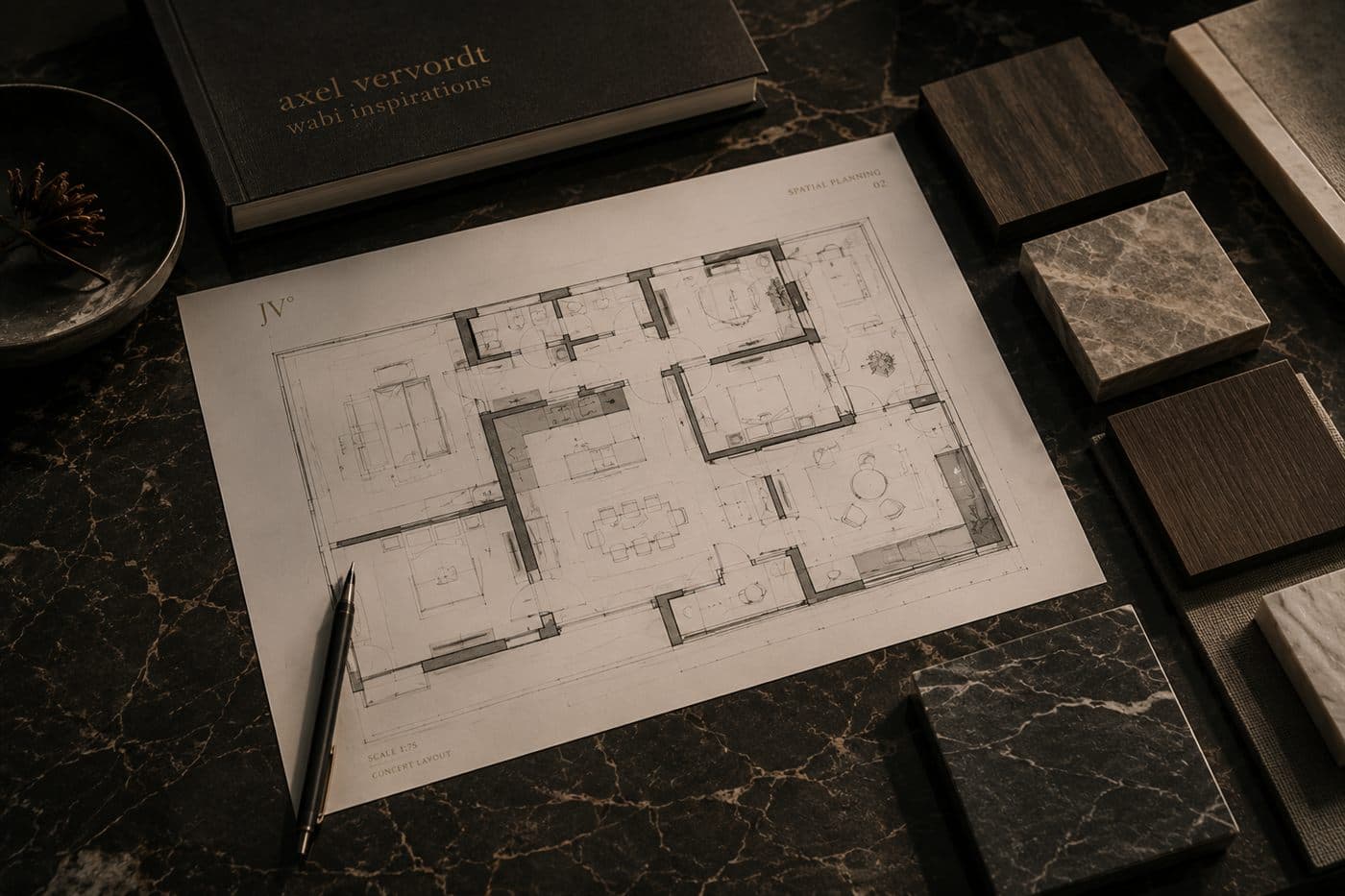 A hand drawn floor plan laid out with stone and timber samples